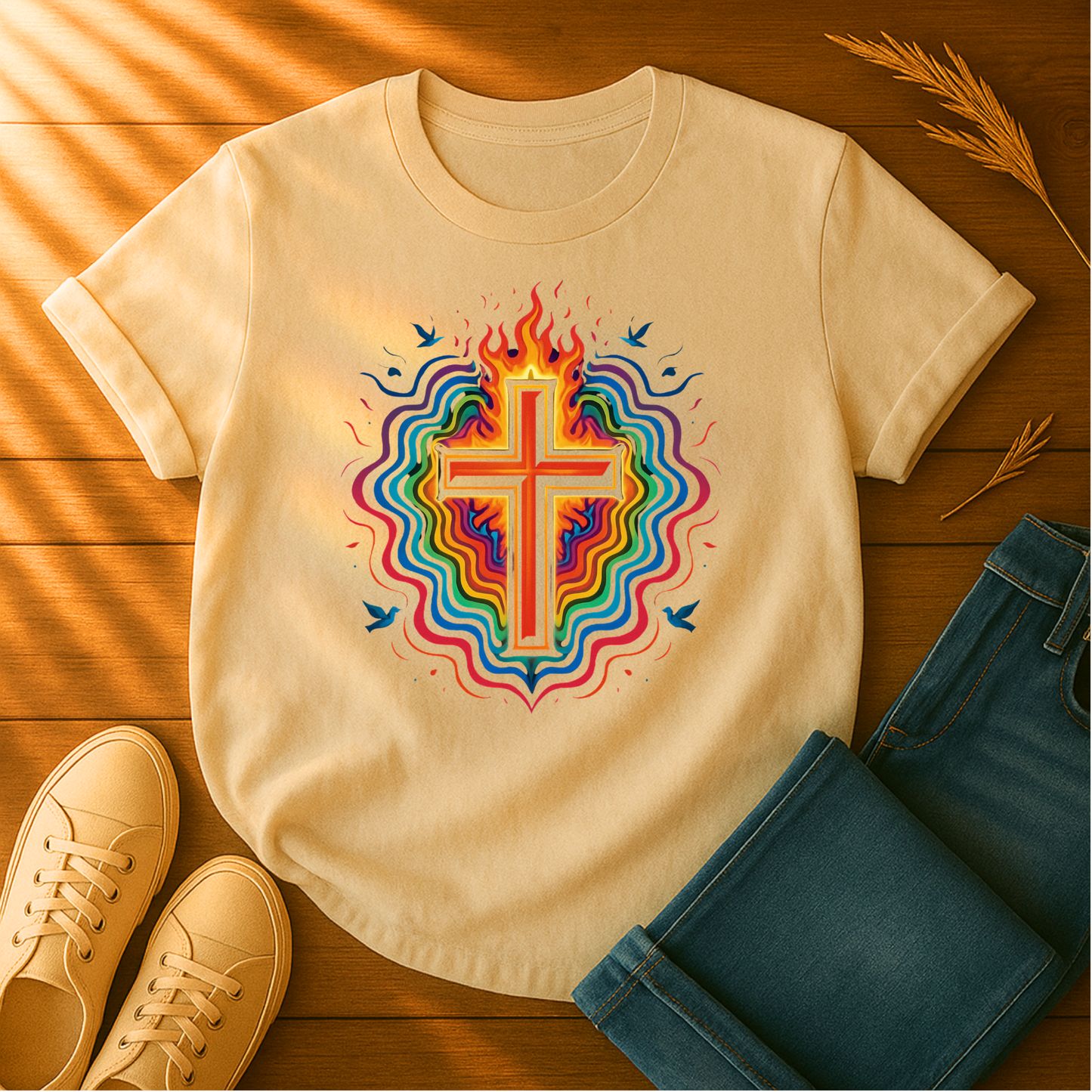 Colorful Cross with Fire T-Shirt