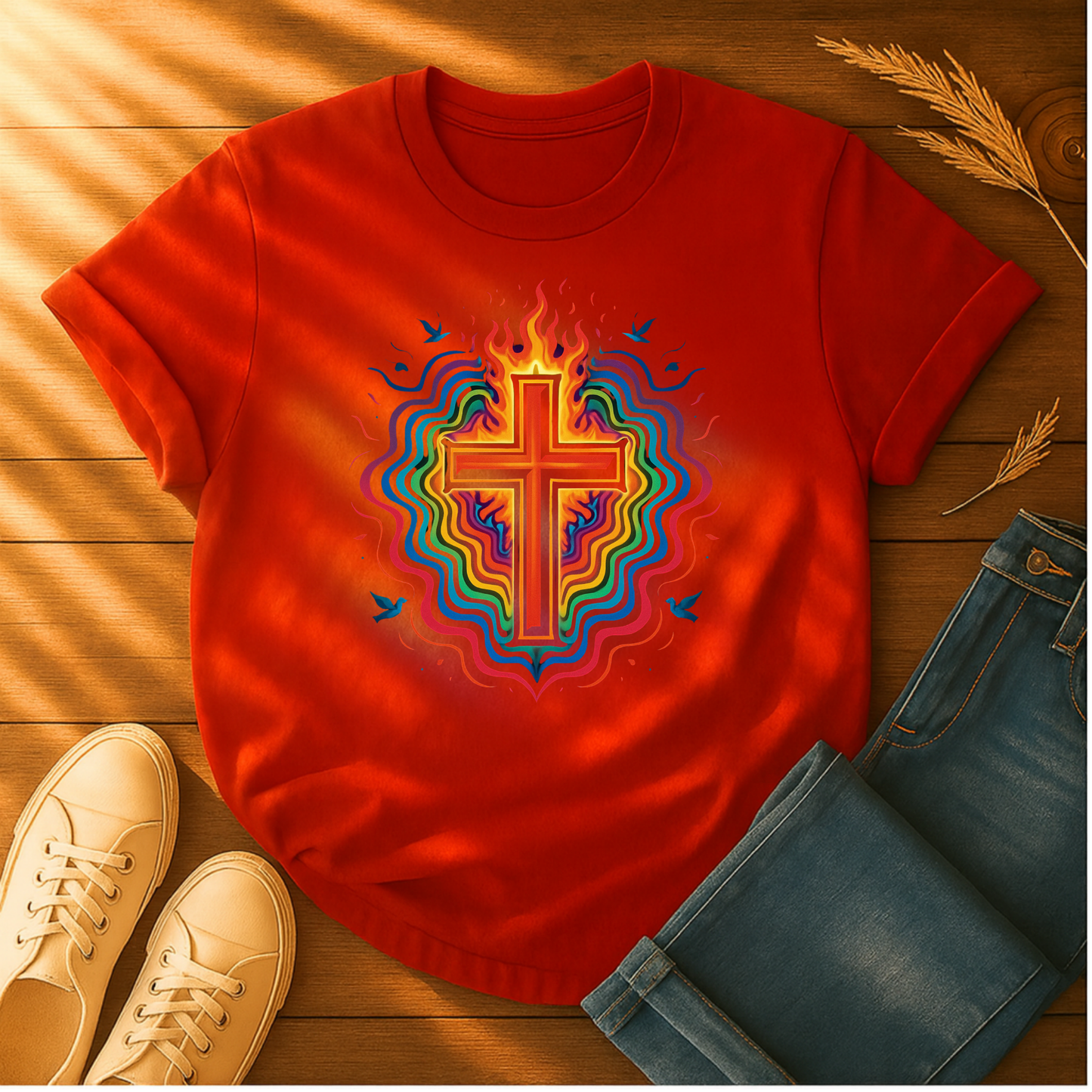Colorful Cross with Fire T-Shirt