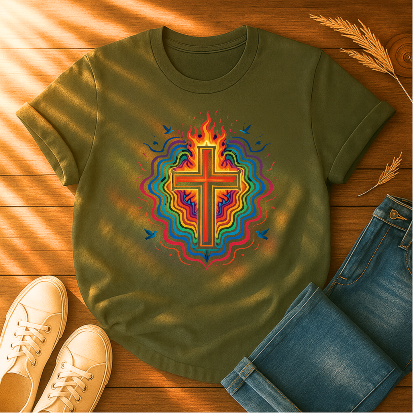 Colorful Cross with Fire T-Shirt