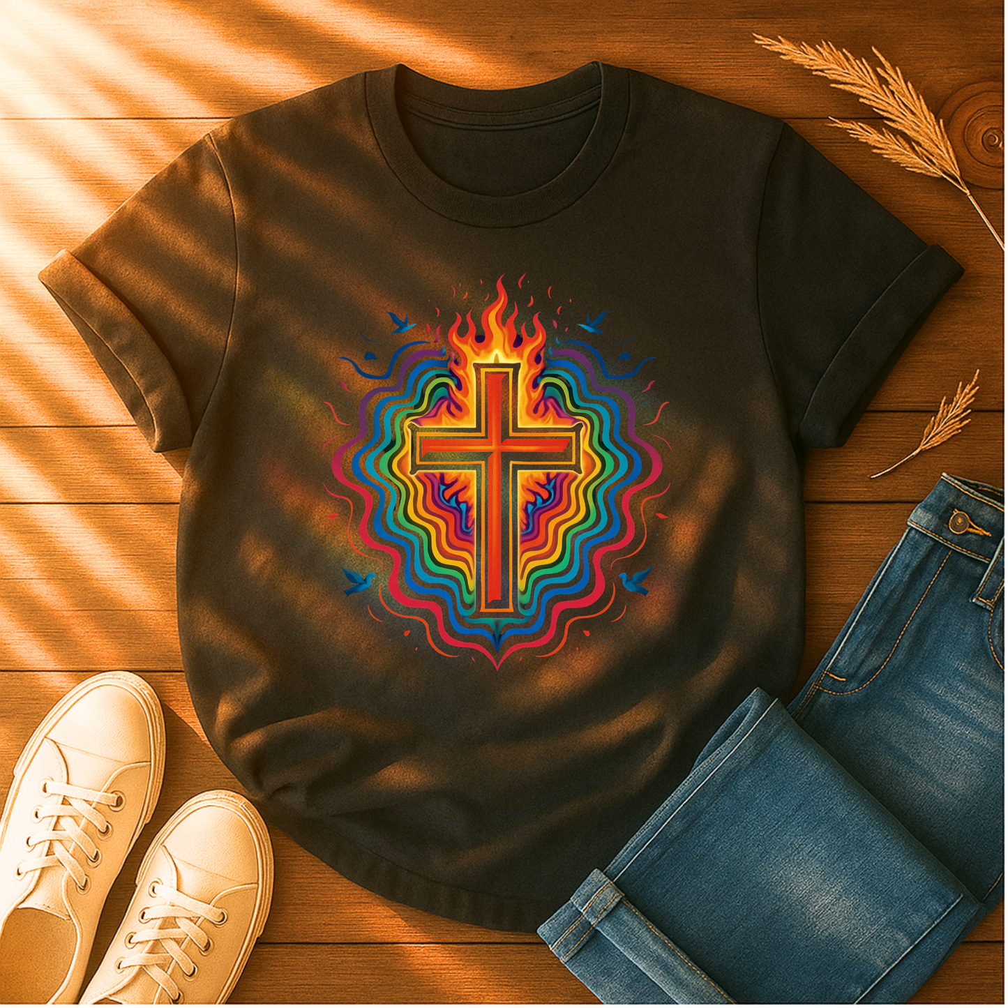 Colorful Cross with Fire T-Shirt