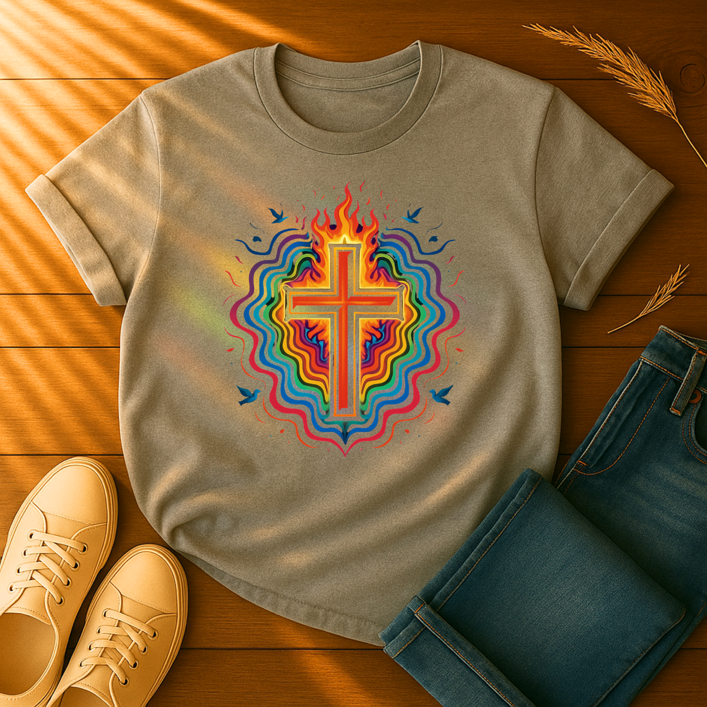 Colorful Cross with Fire T-Shirt